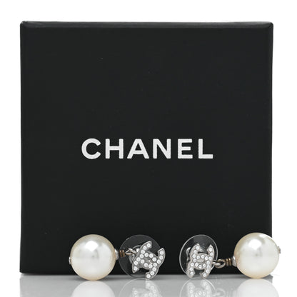 Chanel Crystal Pearl CC Drop Earrings Silver Pearly White 5 of 5