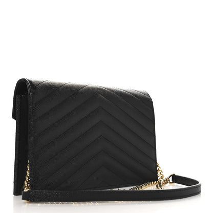 Saint Laurent Grain De Poudre Matelasse Chevron Monogram Envelope Chain Wallet Black 2 of 10