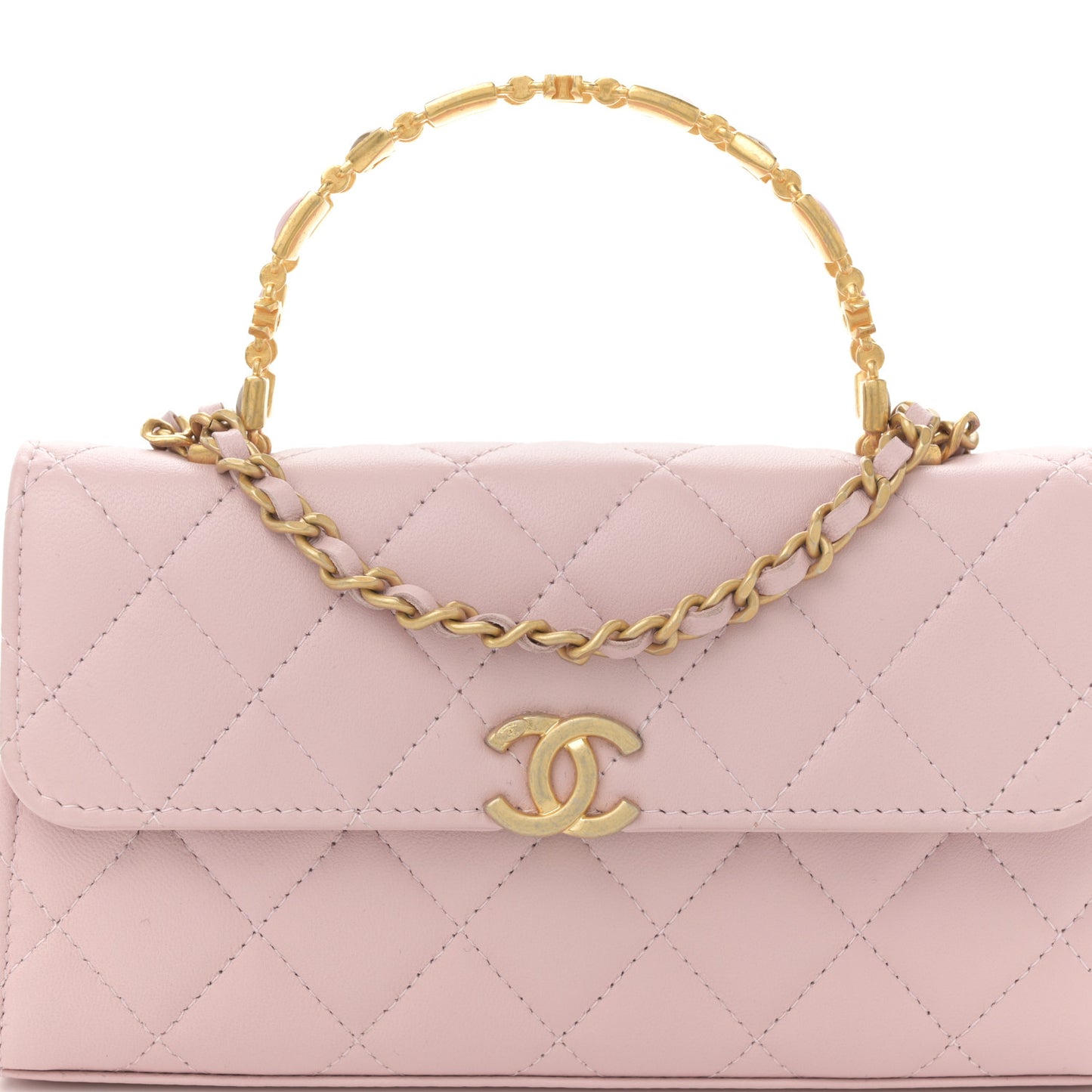 Lambskin Enamel Quilted Top Handle Flap Phone Holder With Chain Pink