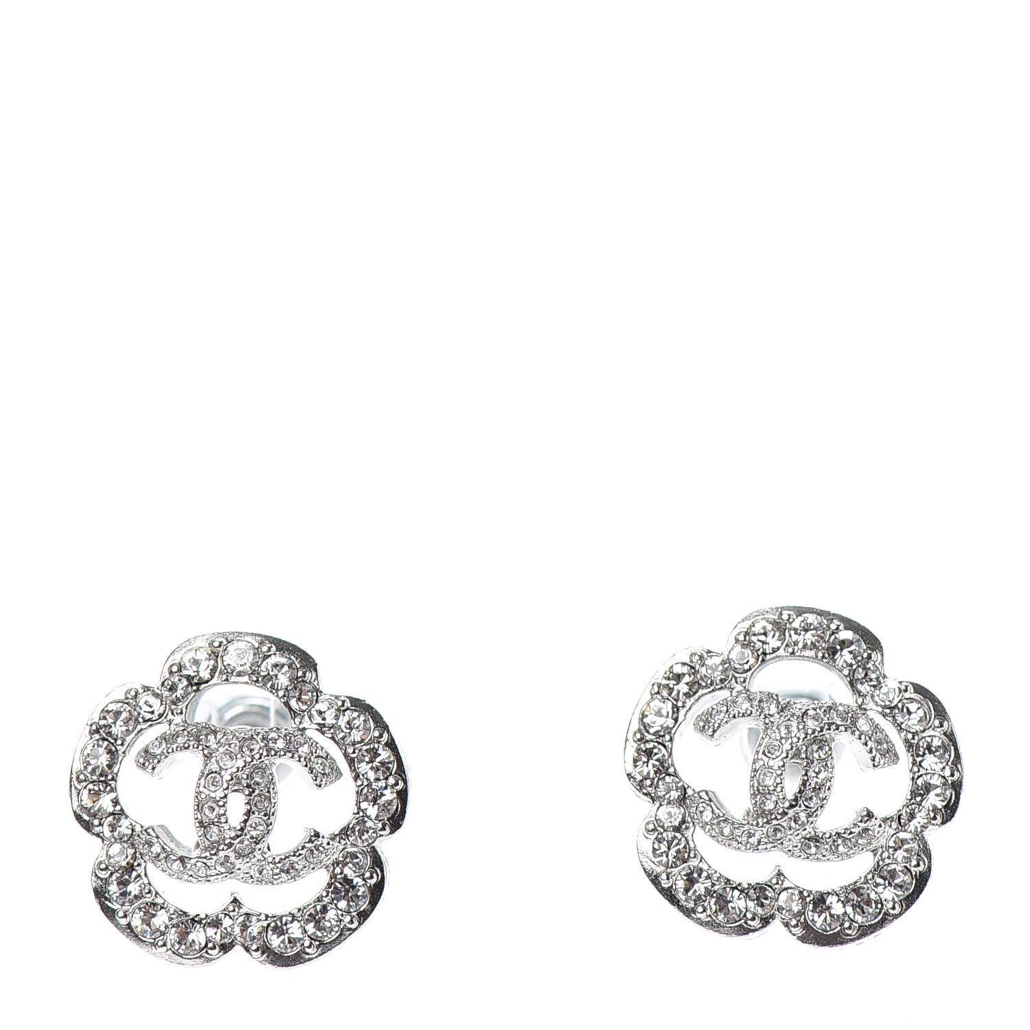 Chanel Crystal Coco Flapper Camellia CC Stud Earrings Silver 1 of 4