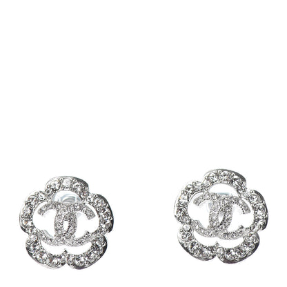 Chanel Crystal Coco Flapper Camellia CC Stud Earrings Silver 1 of 4