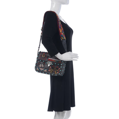 Valentino Garavani Calfskin Patch Beaded Medium Guitar Strap Rockstud Rolling Flap Saddle Bag Black 2 of 8