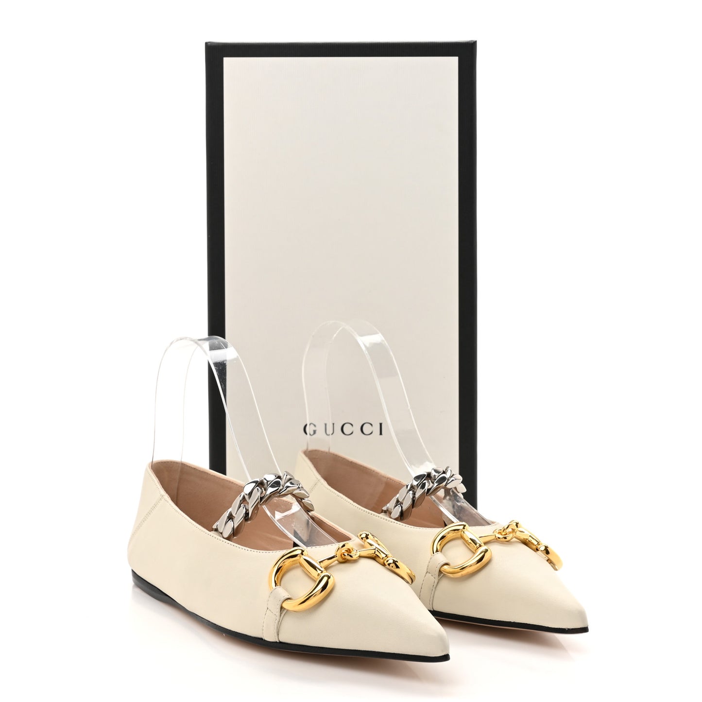 Nappa Lumiere Deva Horsebit Chain Embellished Flats 35.5 Dusty White