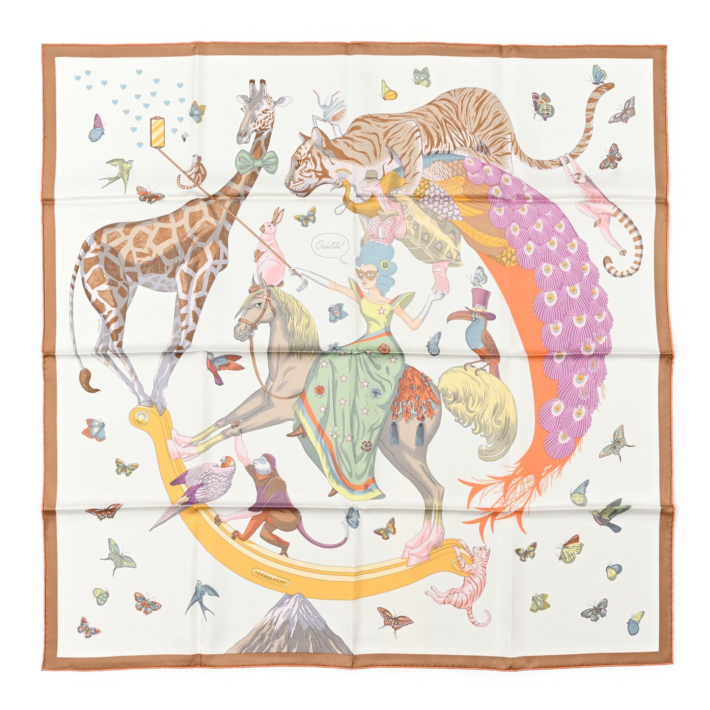 Silk Hermes Story Scarf 90 White Beige Multicolor