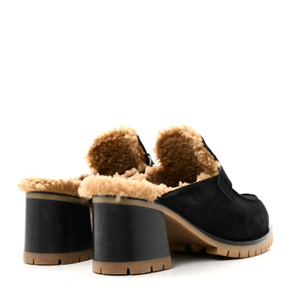 Hermes Suede Goatskin Woolskin Flore 60 Mules 36.5 Black Camel 5 of 10