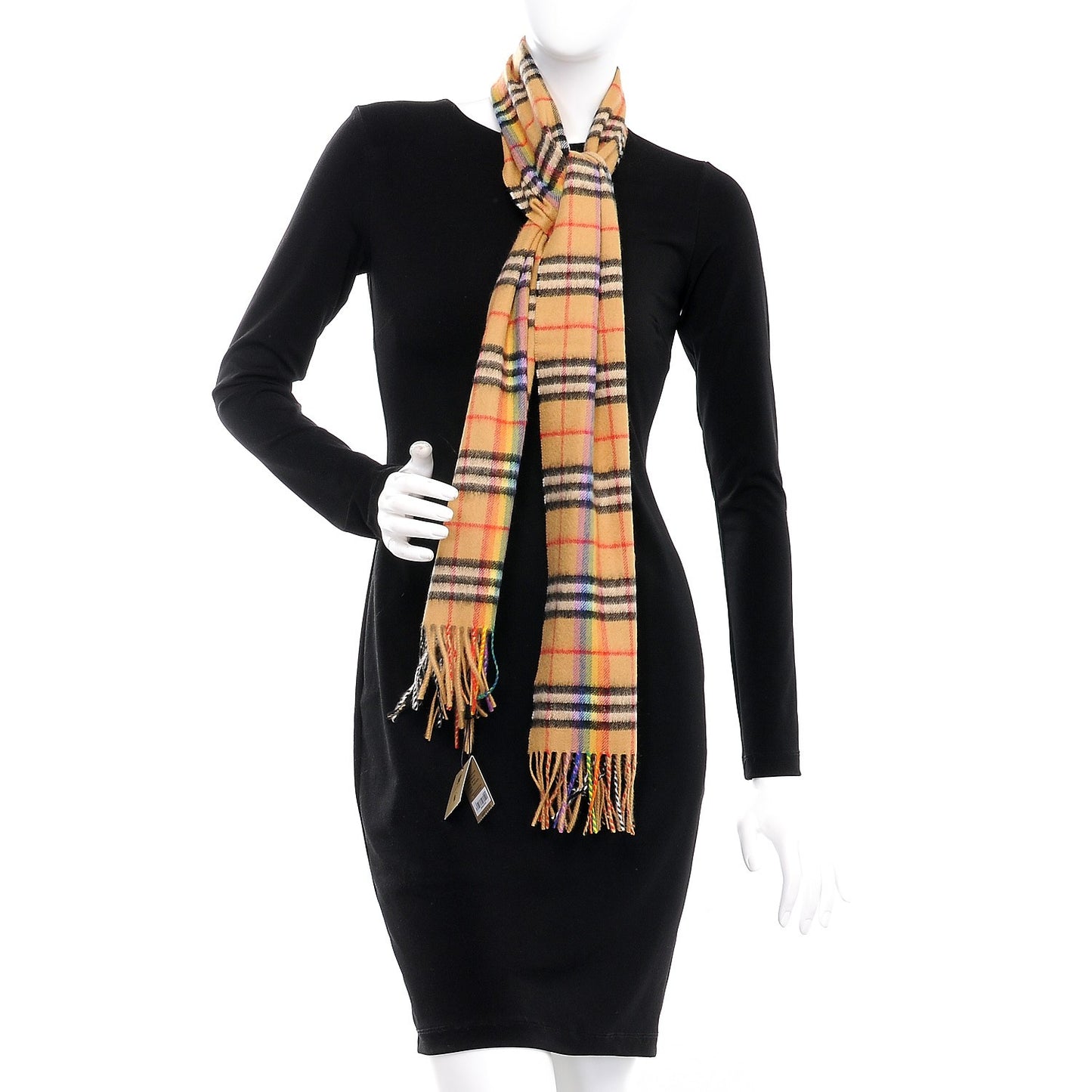 Cashmere Vintage Rainbow Check Fringe Scarf Antique Yellow