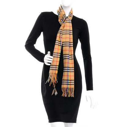 Burberry Cashmere Vintage Rainbow Check Fringe Scarf Antique Yellow 2 of 5