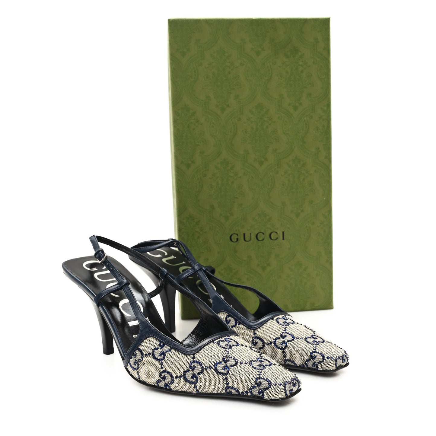 GG Monogram Malaga Kid Crystal Square G 75mm Slingback Pumps 38 Beige Blue