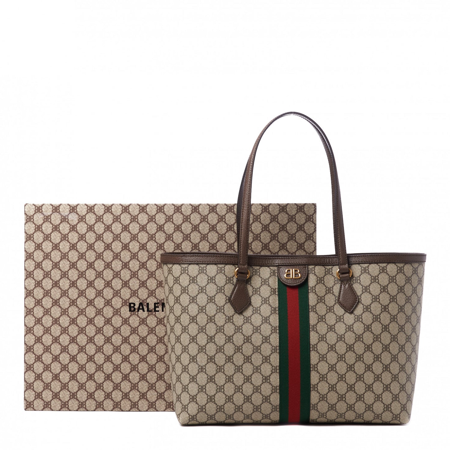 X BALENCIAGA BB Supreme Monogram Web Medium Ophidia Shopping Tote Beige New Acero