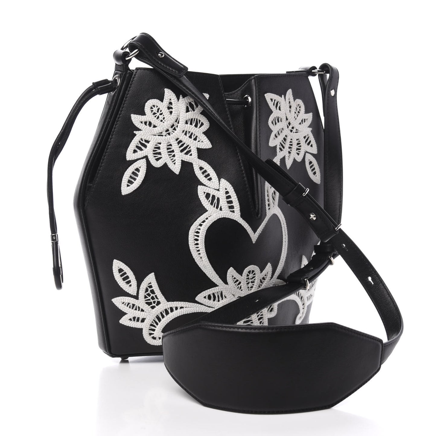 Calfskin Embroidered Bucket Bag Black White