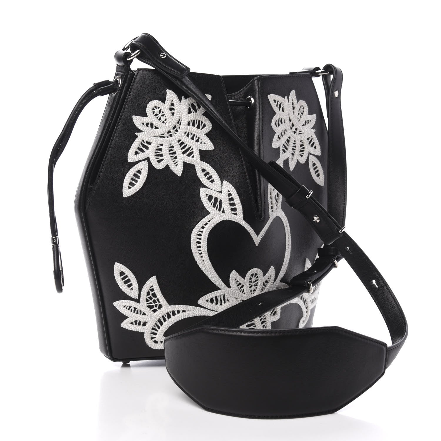 Alexander McQueen Calfskin Embroidered Bucket Bag Black White 3 of 10