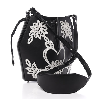Alexander McQueen Calfskin Embroidered Bucket Bag Black White 3 of 10