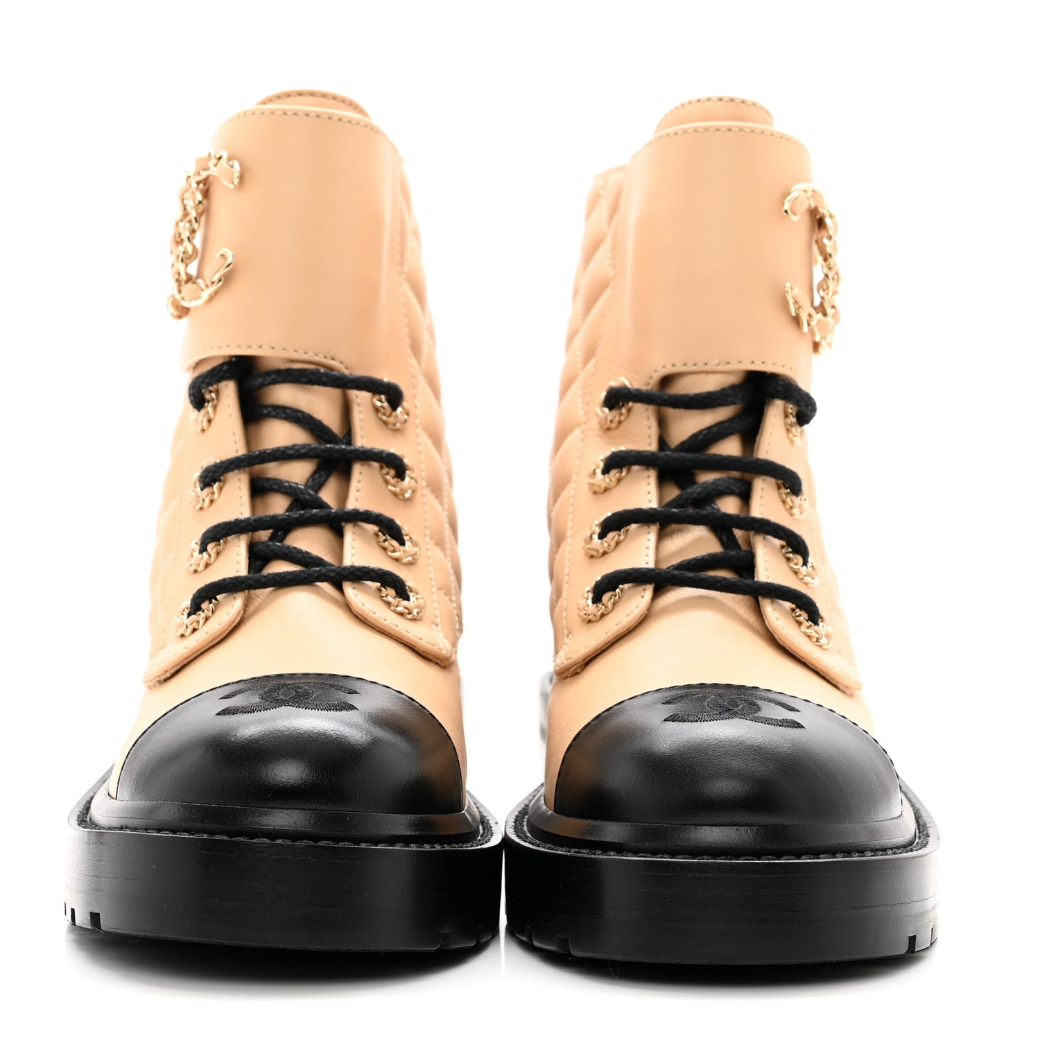 Chanel Lambskin Calfskin Quilted Lace Up Combat Boots 36 Beige Black 2 of 11
