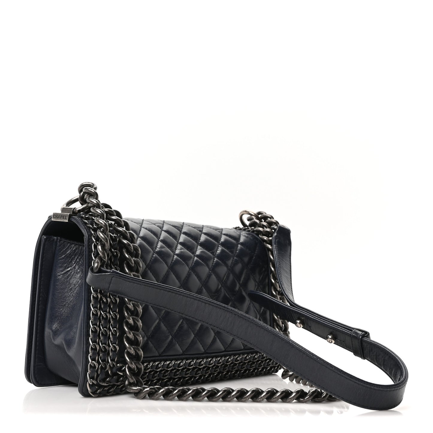 Glazed Calfskin Quilted Medium Boy Chained Flap Blue