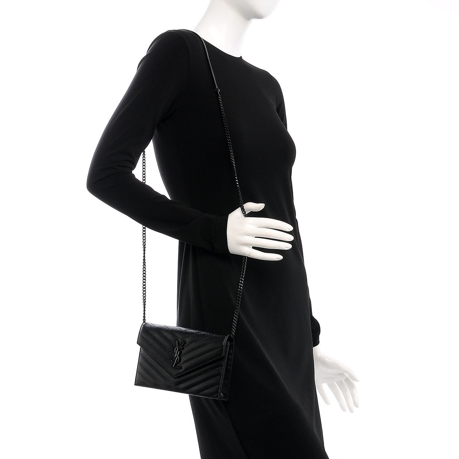 Saint Laurent Grain De Poudre Matelasse Chevron Monogram Envelope Chain Wallet Black 2 of 9