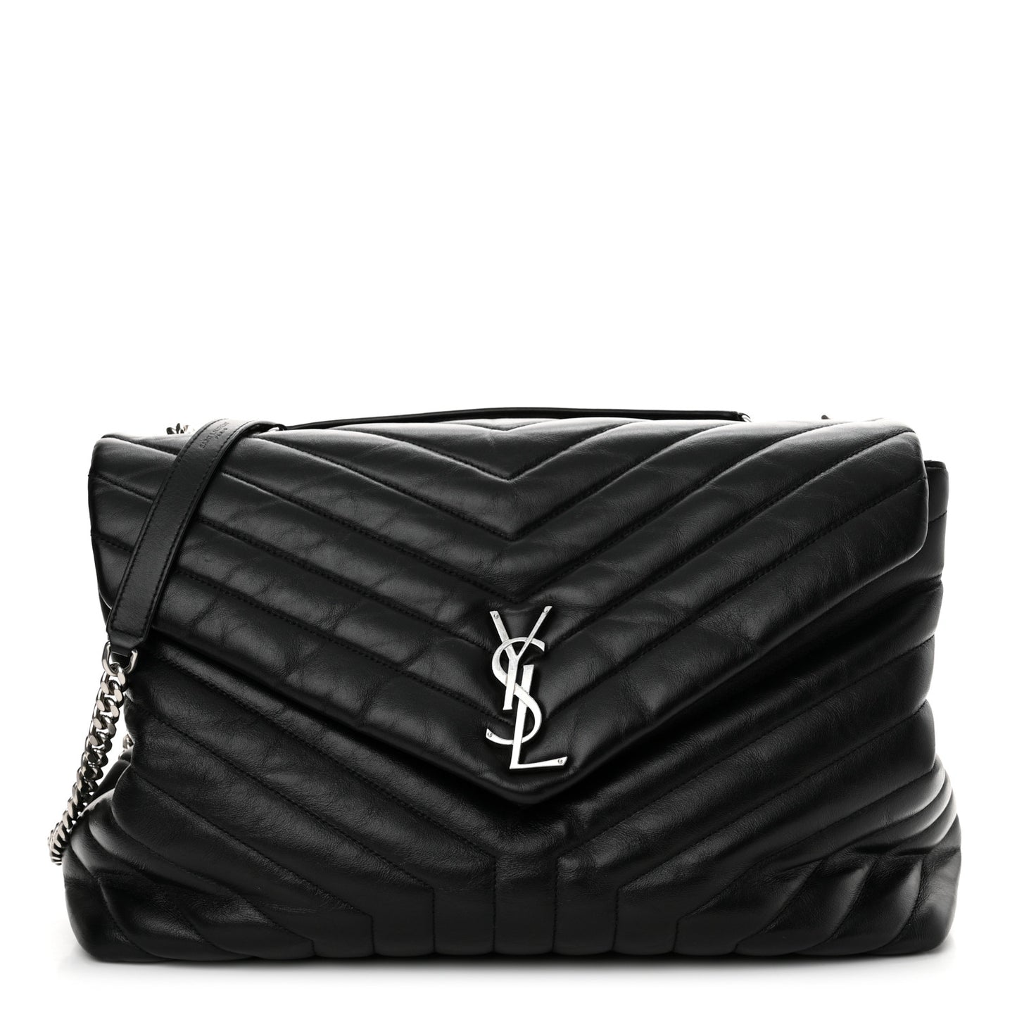 Calfskin Y Quilted Monogram Large Loulou Chain Satchel Black