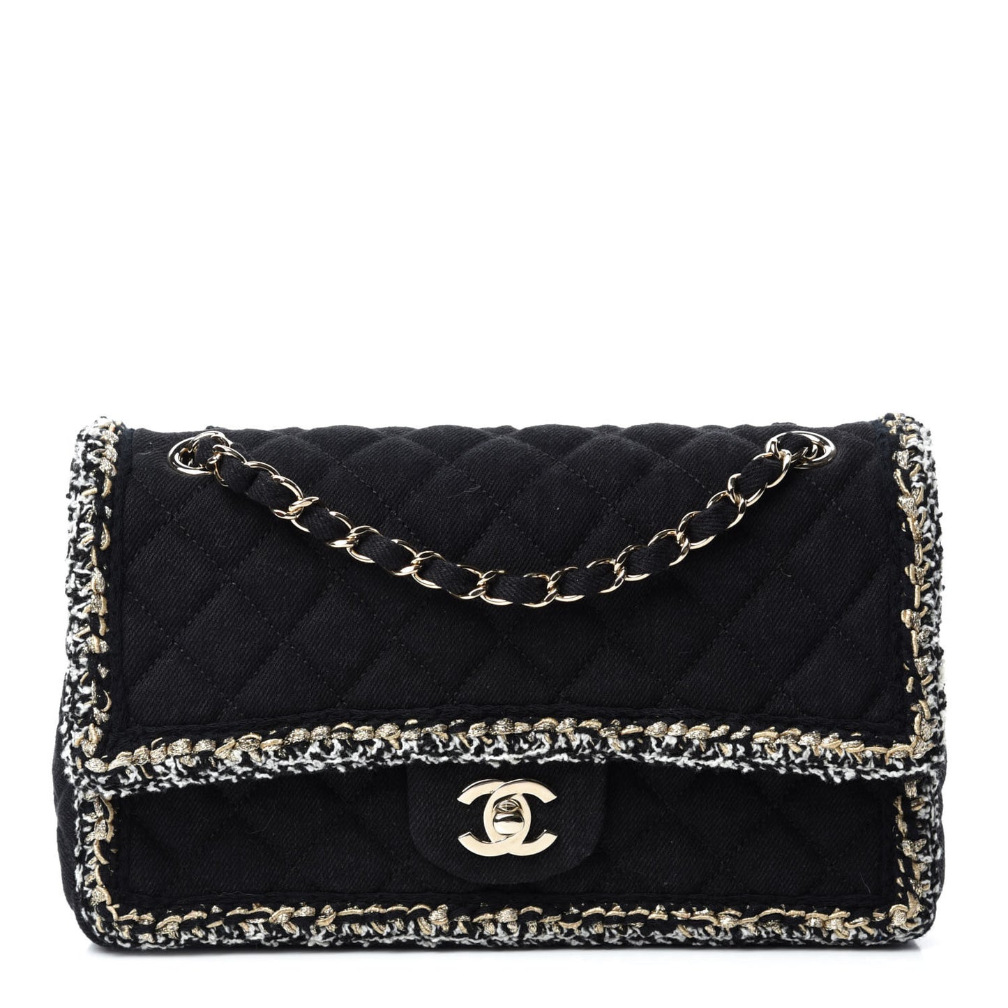 Denim Braided Medium Flap Bag Black