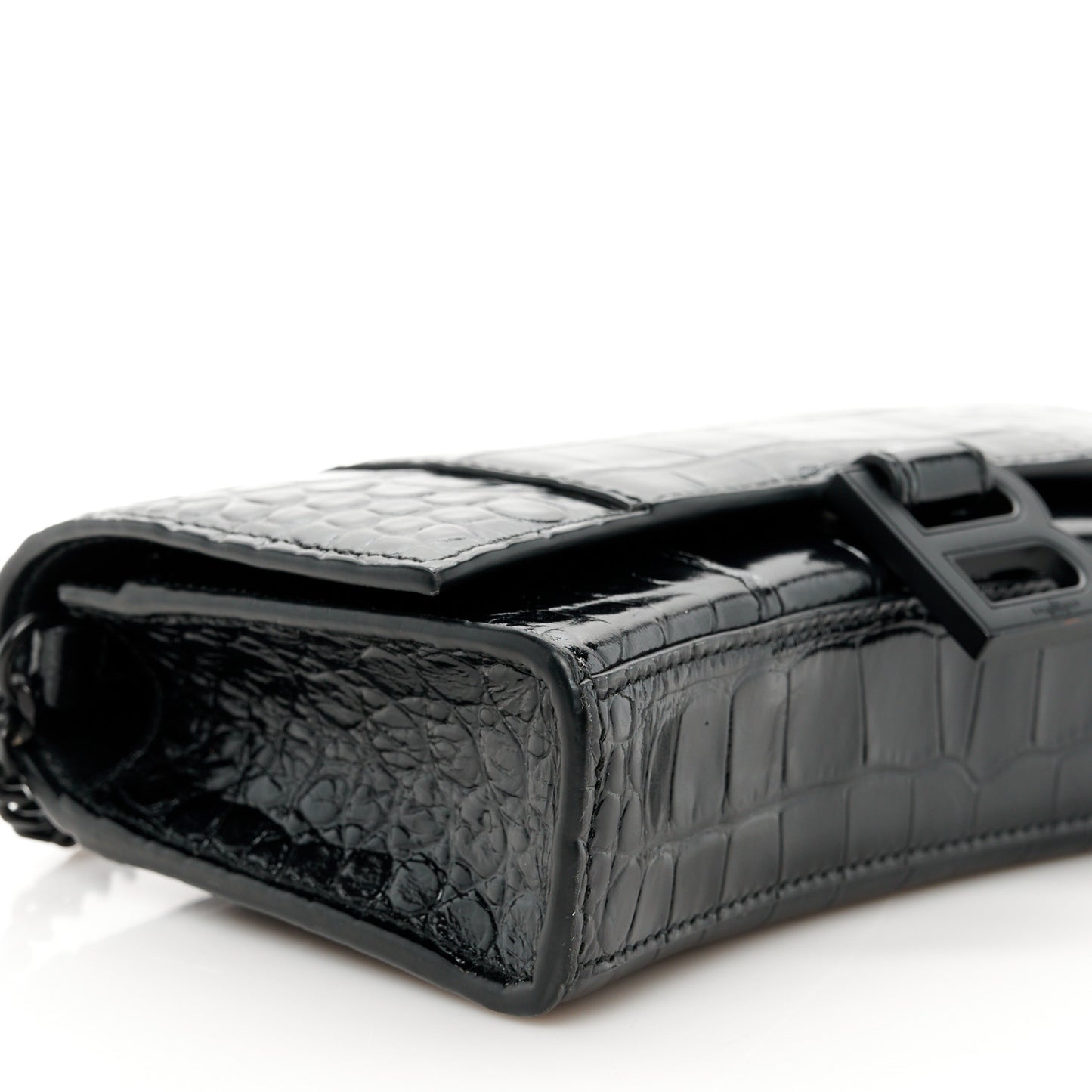 Shiny Calfskin Monochrome Crocodile Embossed Hourglass Chain Bag Black