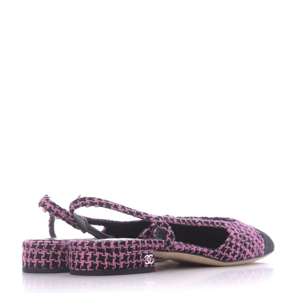 Chanel Tweed Grosgrain Cap Toe CC Slingback Flat 39 Pink Black 4 of 10
