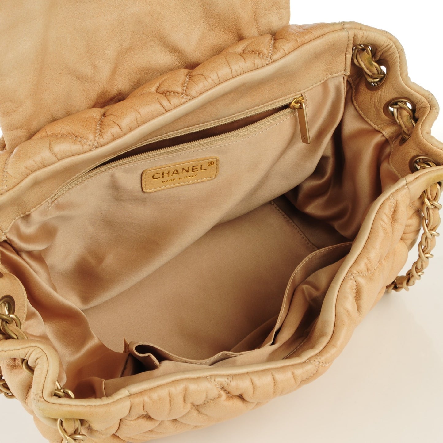 Calfskin Bubble Quilt Accordion Flap Beige