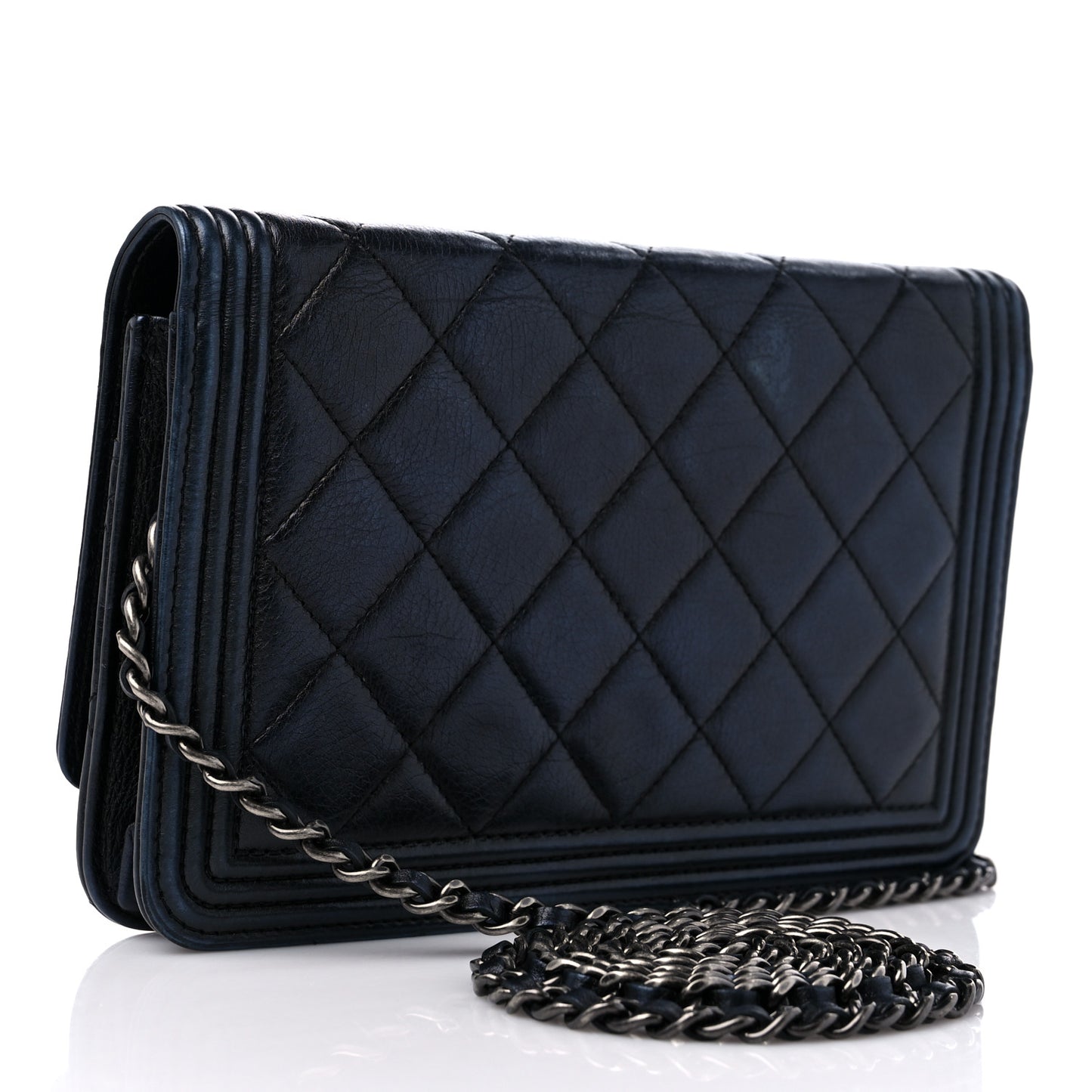 Metallic Calfskin Quilted Boy Wallet On Chain WOC Navy Blue