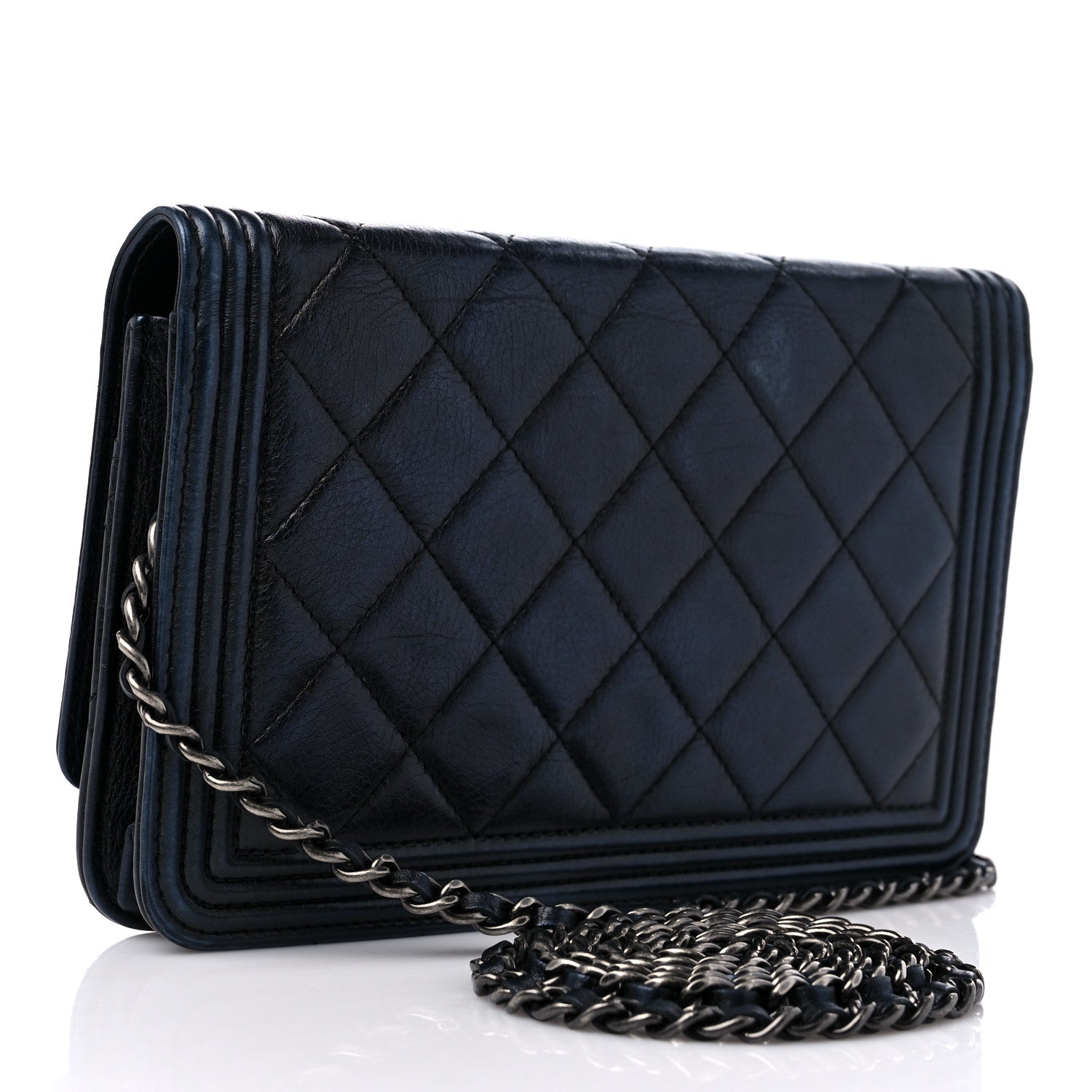 Chanel Metallic Calfskin Quilted Boy Wallet On Chain WOC Navy Blue 3 of 11
