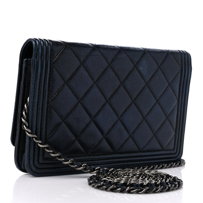 Chanel Metallic Calfskin Quilted Boy Wallet On Chain WOC Navy Blue 3 of 11