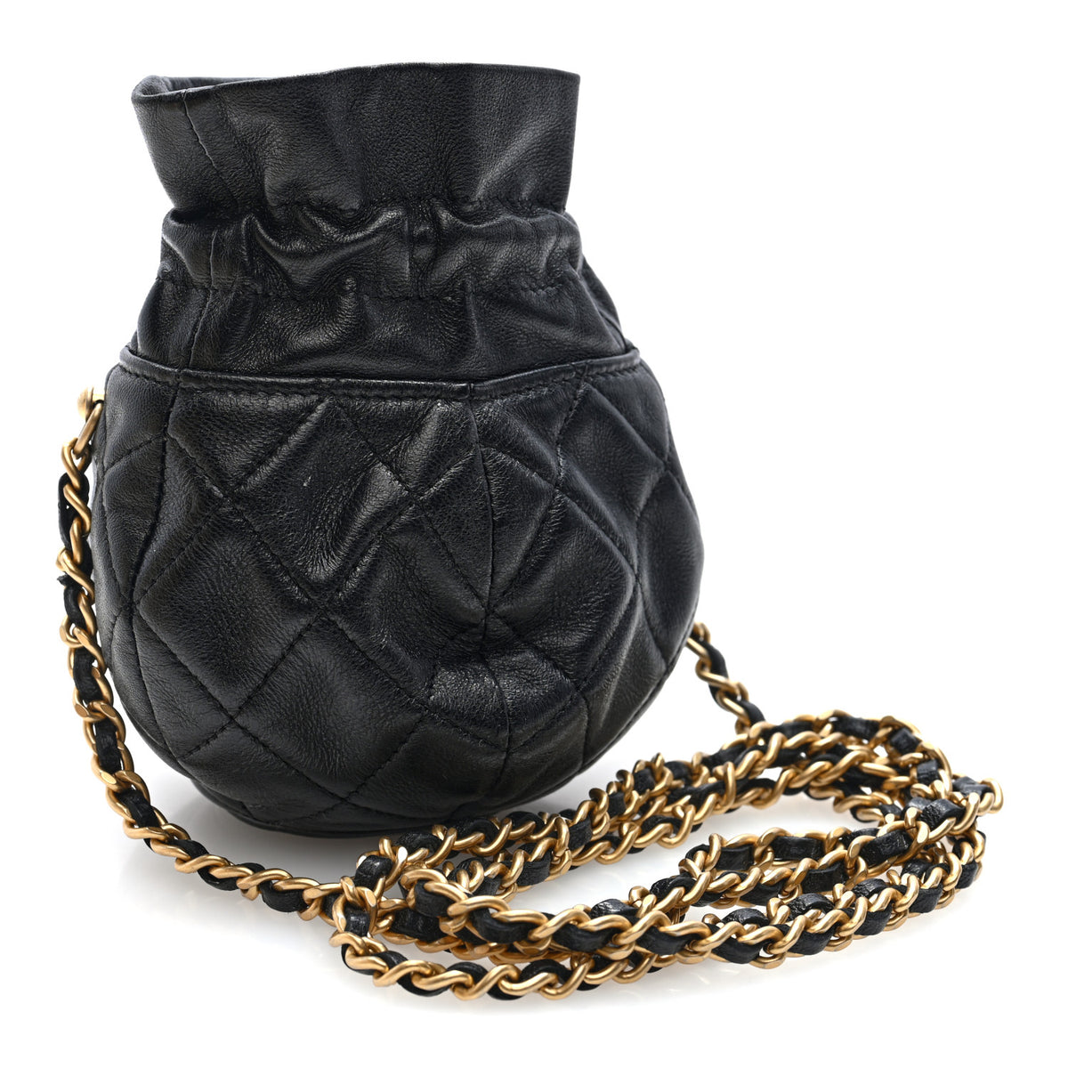 Shiny Lambskin Quilted Mini Drawstring CC Bucket Bag Black