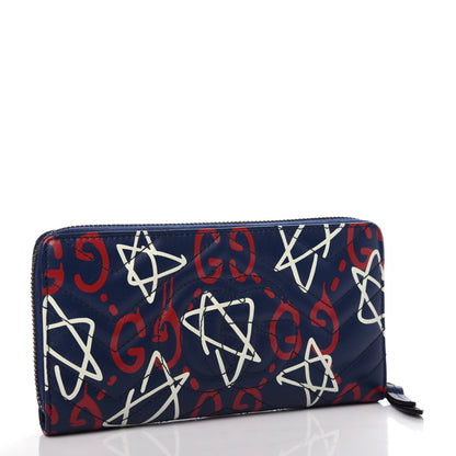 Gucci Calfskin Matelasse GucciGhost GG Marmont Zip Around Wallet Blue Agata Hibiscus Red 3 of 9