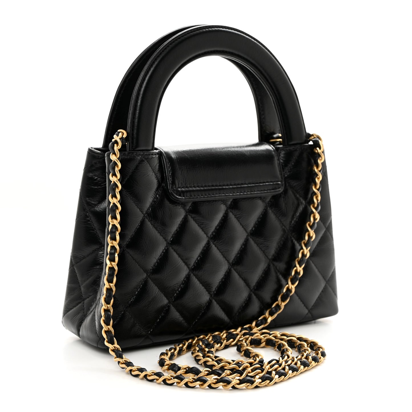 Shiny Aged Calfskin Quilted Nano Kelly Shopper Black