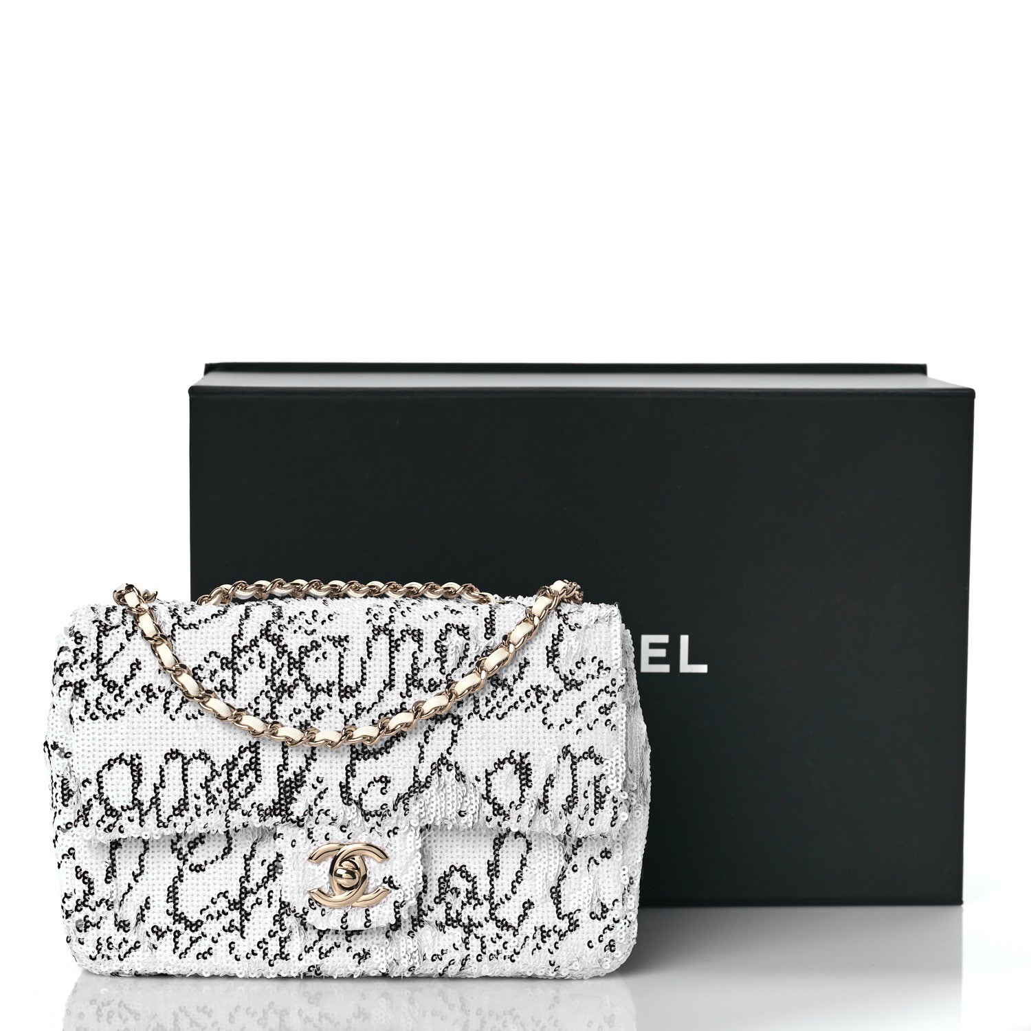 Chanel Sequin Logo Mini Rectangular Flap White Black 10 of 10