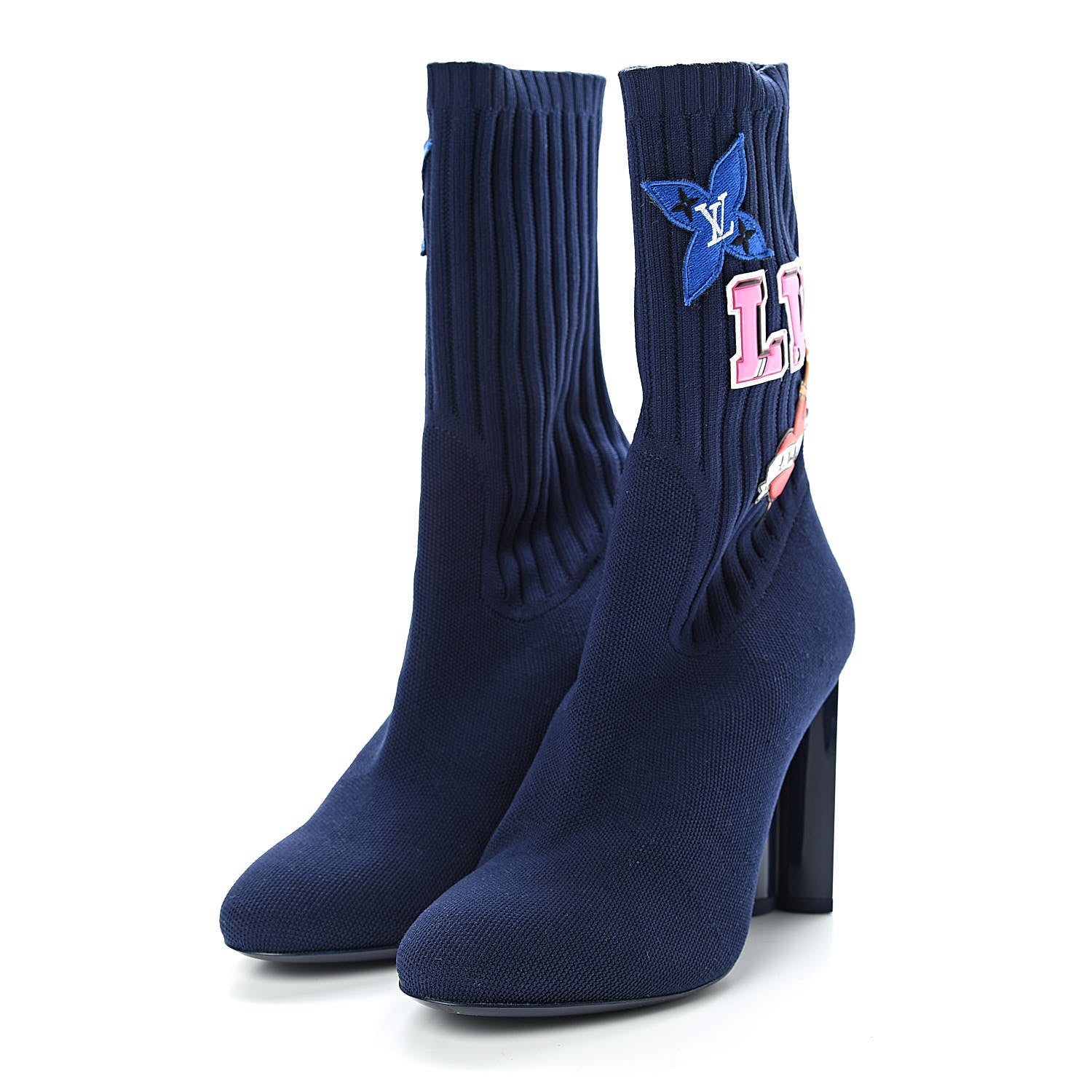 Louis Vuitton Stretch Fabric LV Black Heart Sock Ankle Boots 38.5 Marine 3 of 9