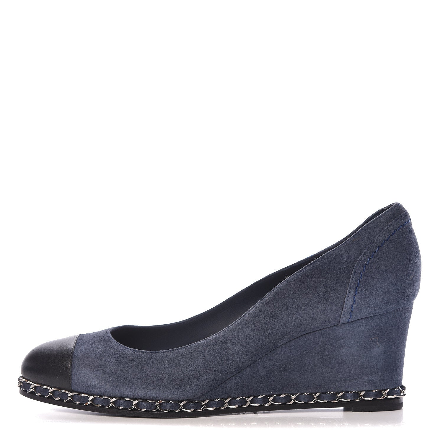 Chanel Suede Lambskin Cap Toe Chain Wedge Pumps 39 Blue 1 of 8