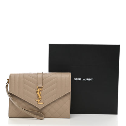 Saint Laurent Grain De Poudre Textured Mixed Matelasse Triquilt Monogram Clutch Dark Beige 9 of 9