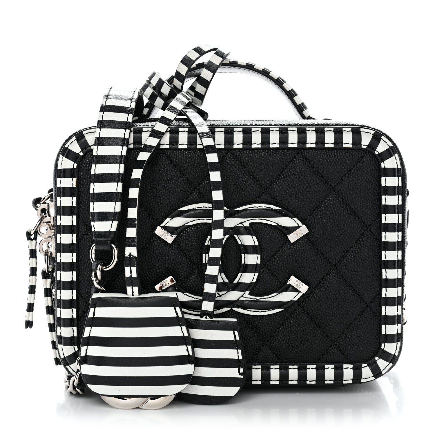 Chanel Caviar Quilted Striped Small CC Filigree Vanity Case Black White 1 of 9