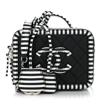 Chanel Caviar Quilted Striped Small CC Filigree Vanity Case Black White 1 of 9