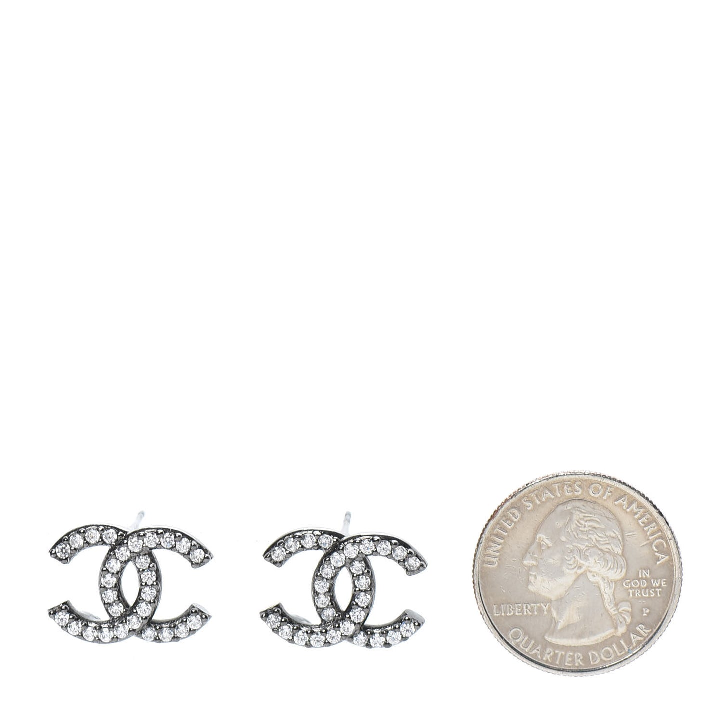 Metal Crystal CC Lock Symbols Stud Earrings Ruthenium