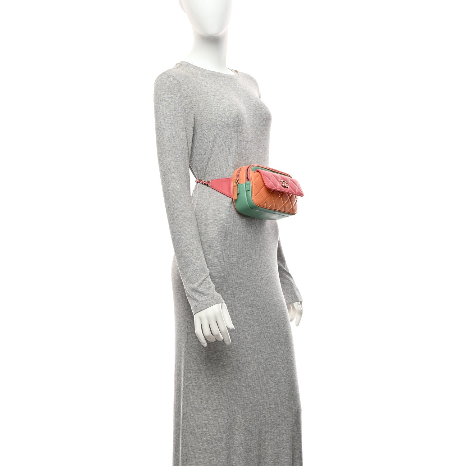Chanel Goatskin Quilted Tri-Color In & Out Waist Bag Orange Green Pink 2 of 12