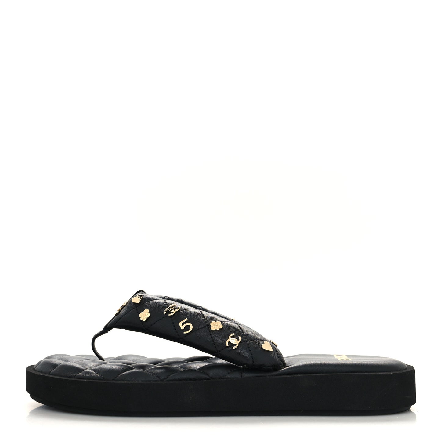 Lambskin Quilted Padded Charms Thong Sandals 40 Black