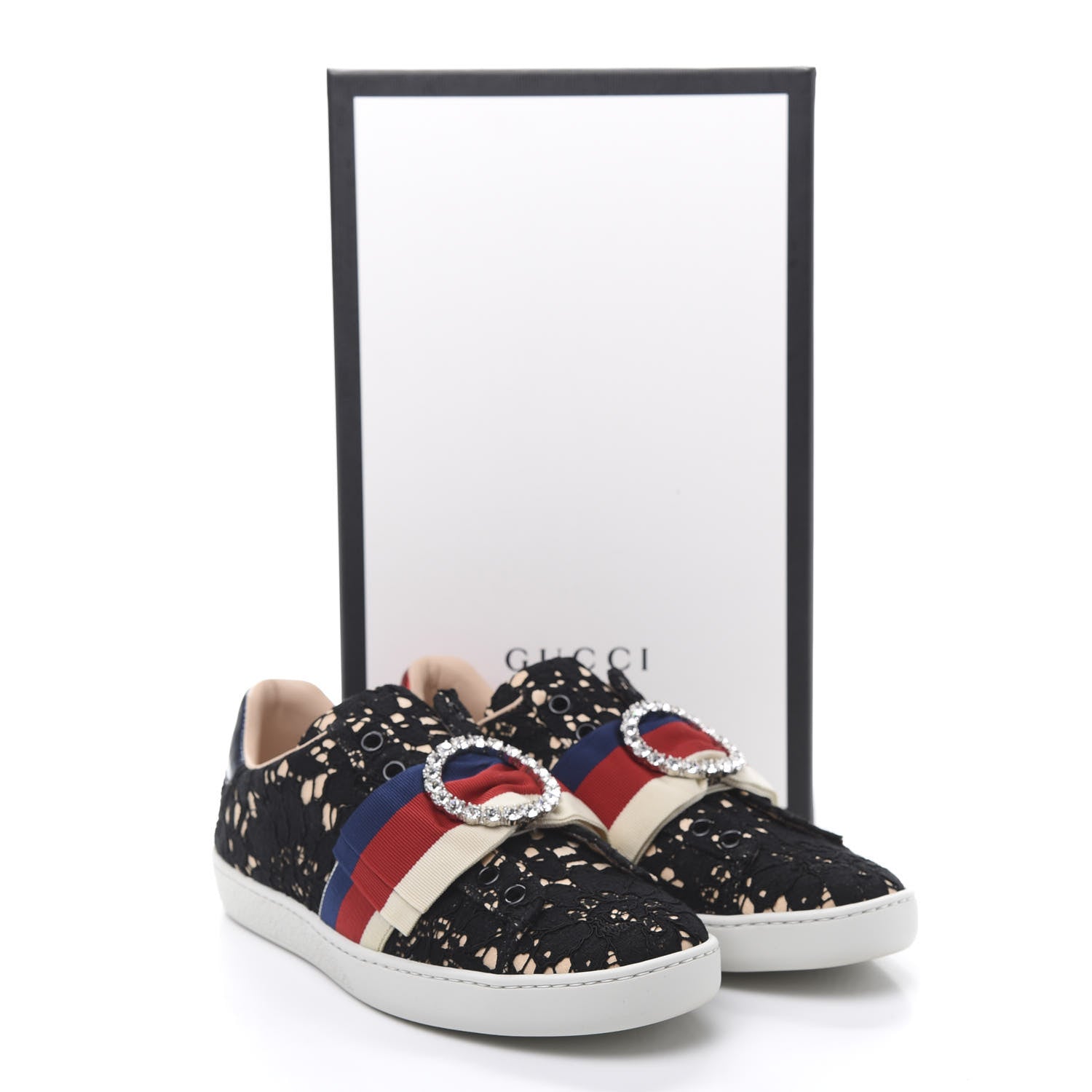 Gucci Lace Crystal Sylvie Web Flower Leaf Womens Ace Sneakers 35.5 Black Tan Beige 11 of 11