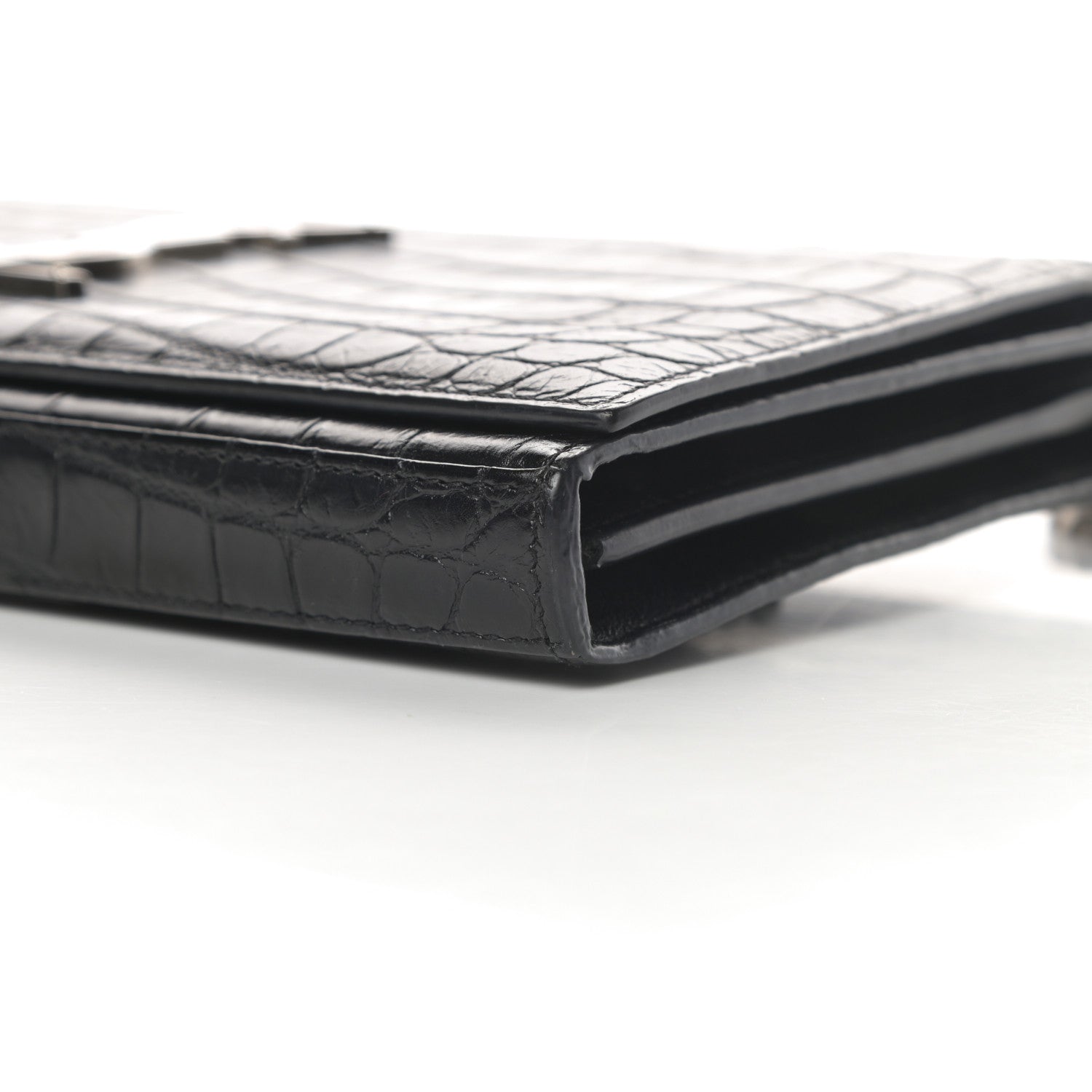 Saint Laurent Calfskin Crocodile Embossed Monogram Chain Wallet Black 11 of 14