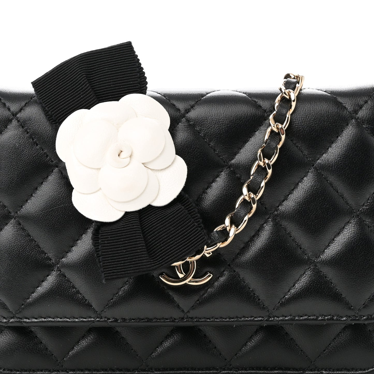 Lambskin Quilted Mini Camellia Bow Wallet On Chain WOC Black