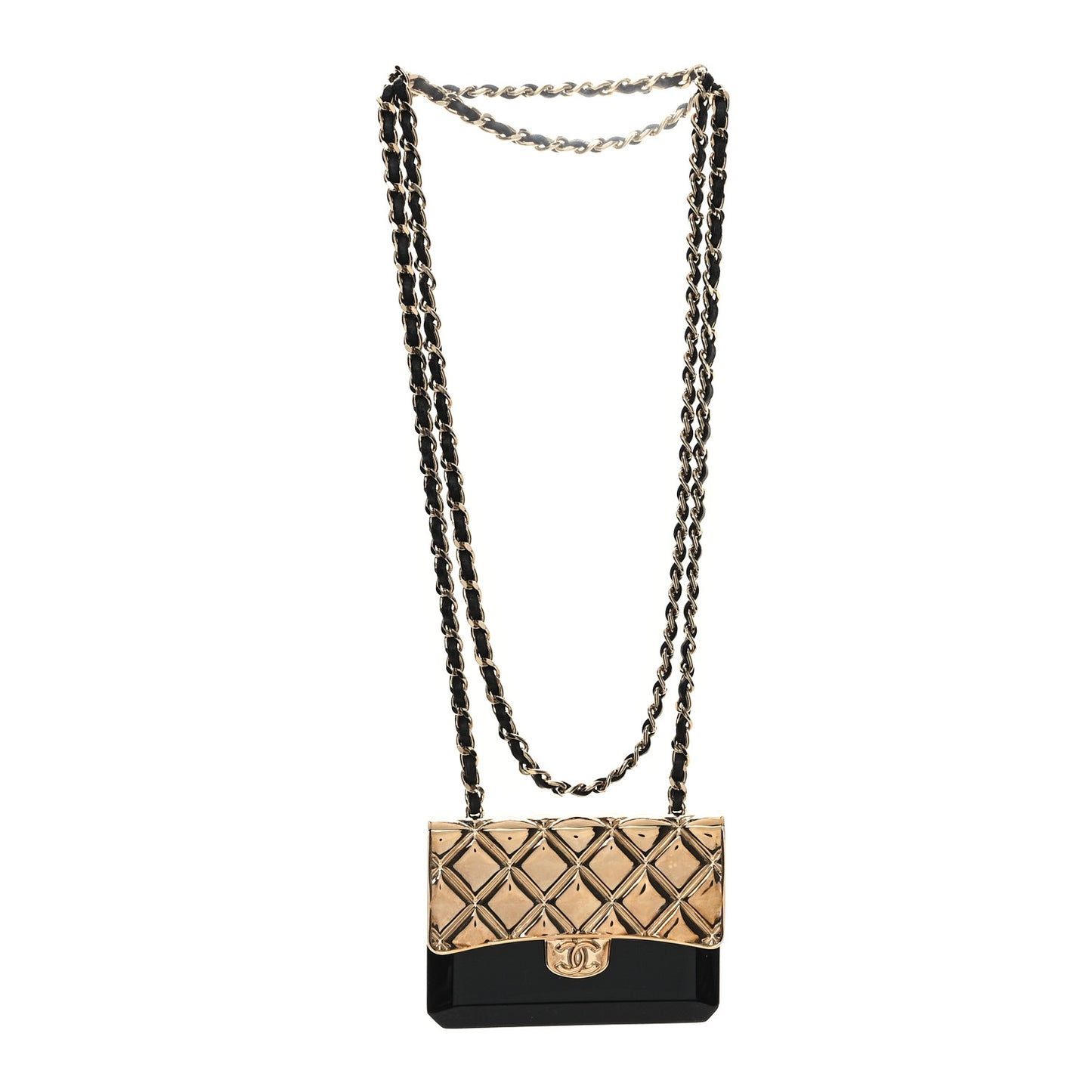 Metal Resin Lambskin Flap Bag Long Necklace Gold Black