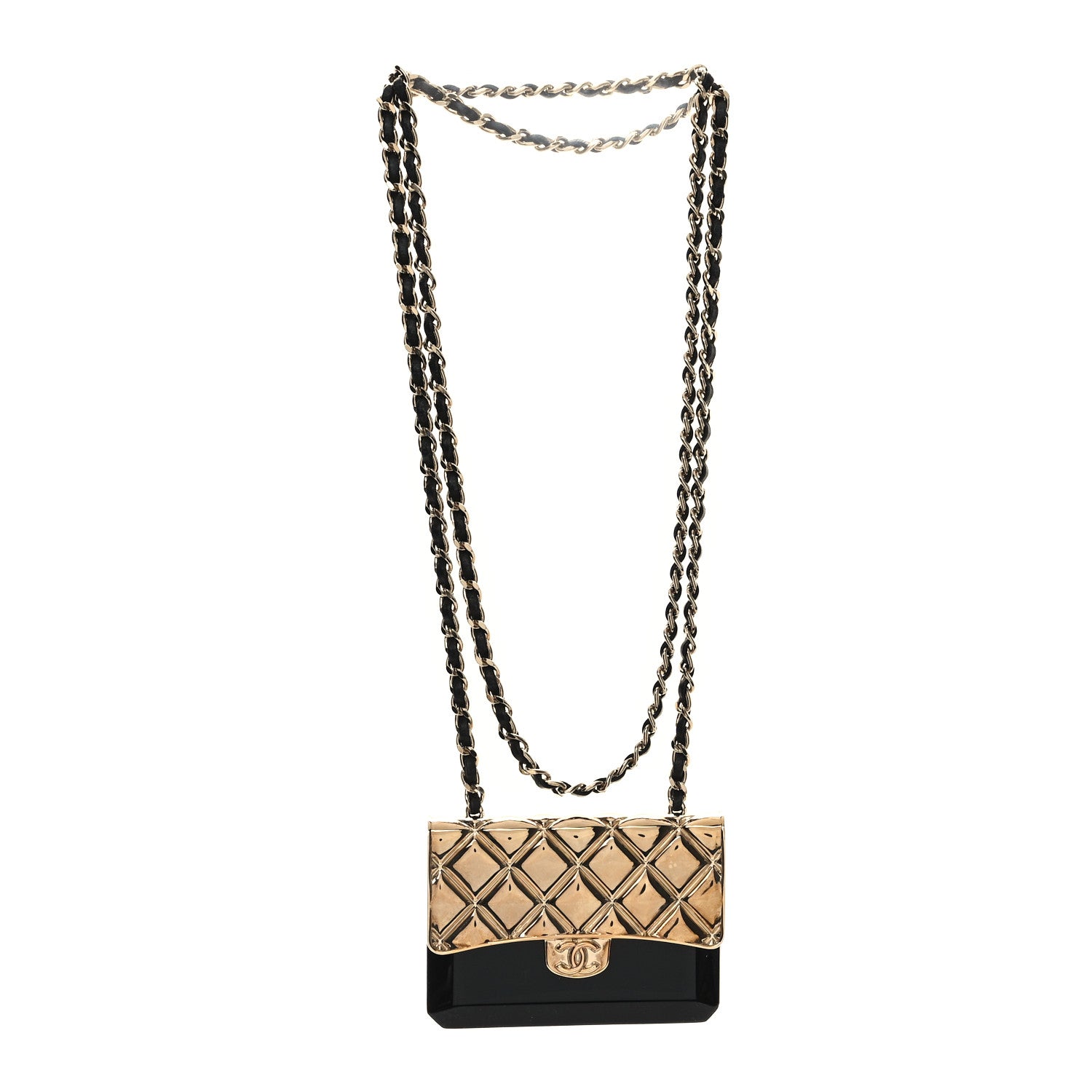 Chanel Metal Resin Lambskin Flap Bag Long Necklace Gold Black 3 of 6
