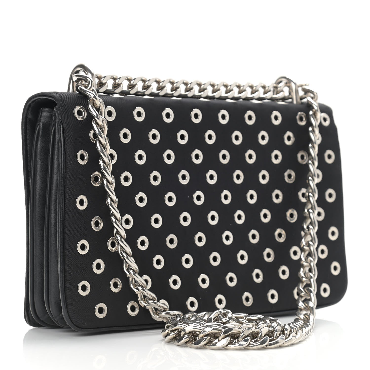Prada Tessuto Nylon Soft Calf Grommet Chain Shoulder Bag Nero Black 2 of 11