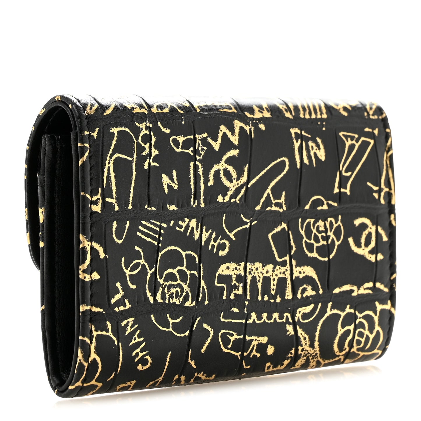 Calfskin Crocodile Embossed Graffiti 2.55 Cocodile Reissue Flap Card Holder Black Gold