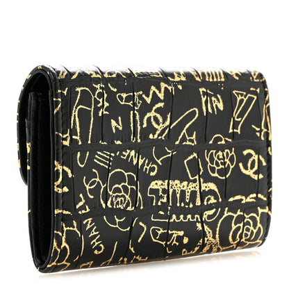 Chanel Calfskin Crocodile Embossed Graffiti 2.55 Cocodile Reissue Flap Card Holder Black Gold 3 of 10