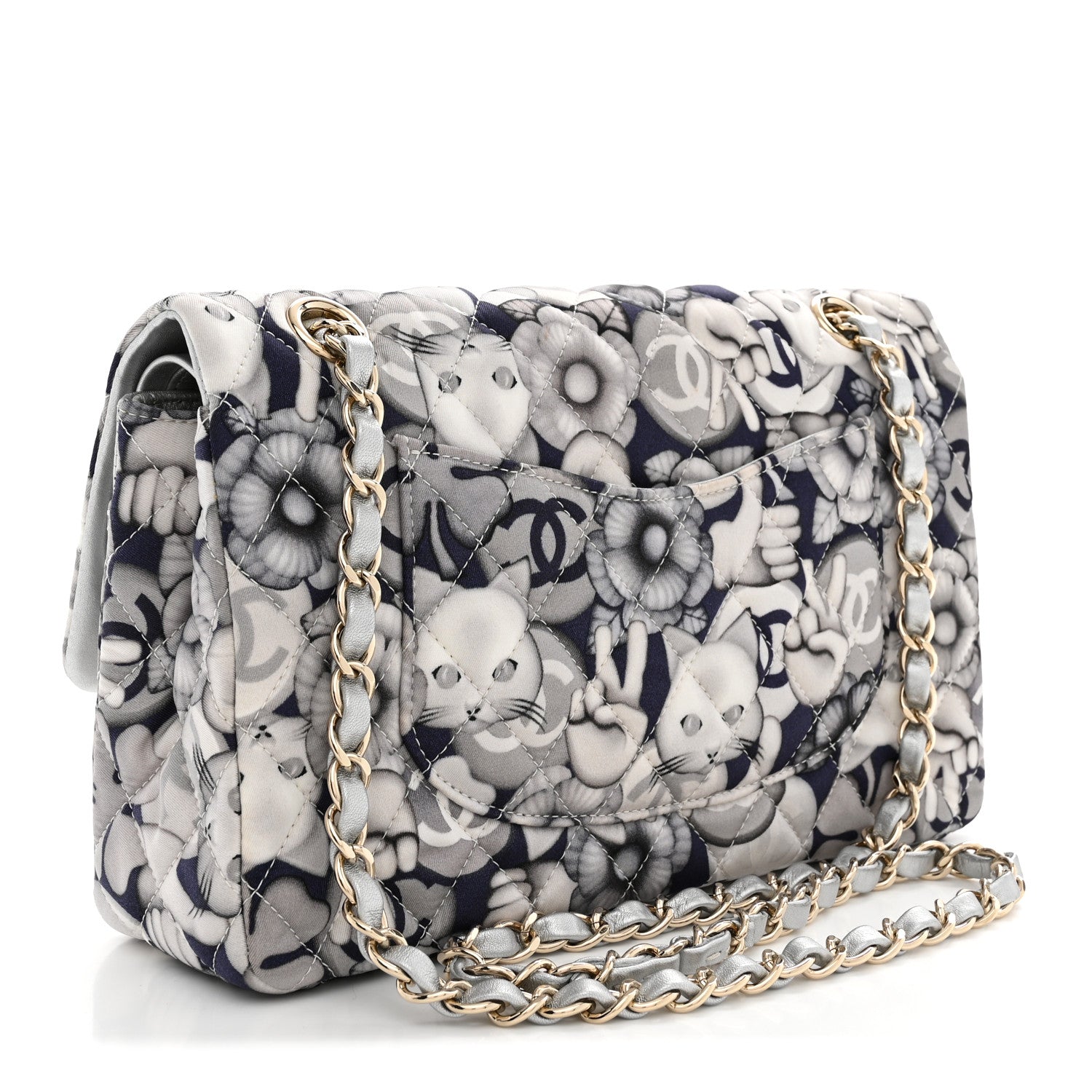 Chanel Nylon Quilted Medium Cat Emoticon Double Flap Navy Grey Ecru Navy Grey Ecru 3 of 10