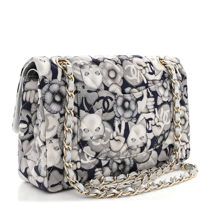 Chanel Nylon Quilted Medium Cat Emoticon Double Flap Navy Grey Ecru Navy Grey Ecru 3 of 10