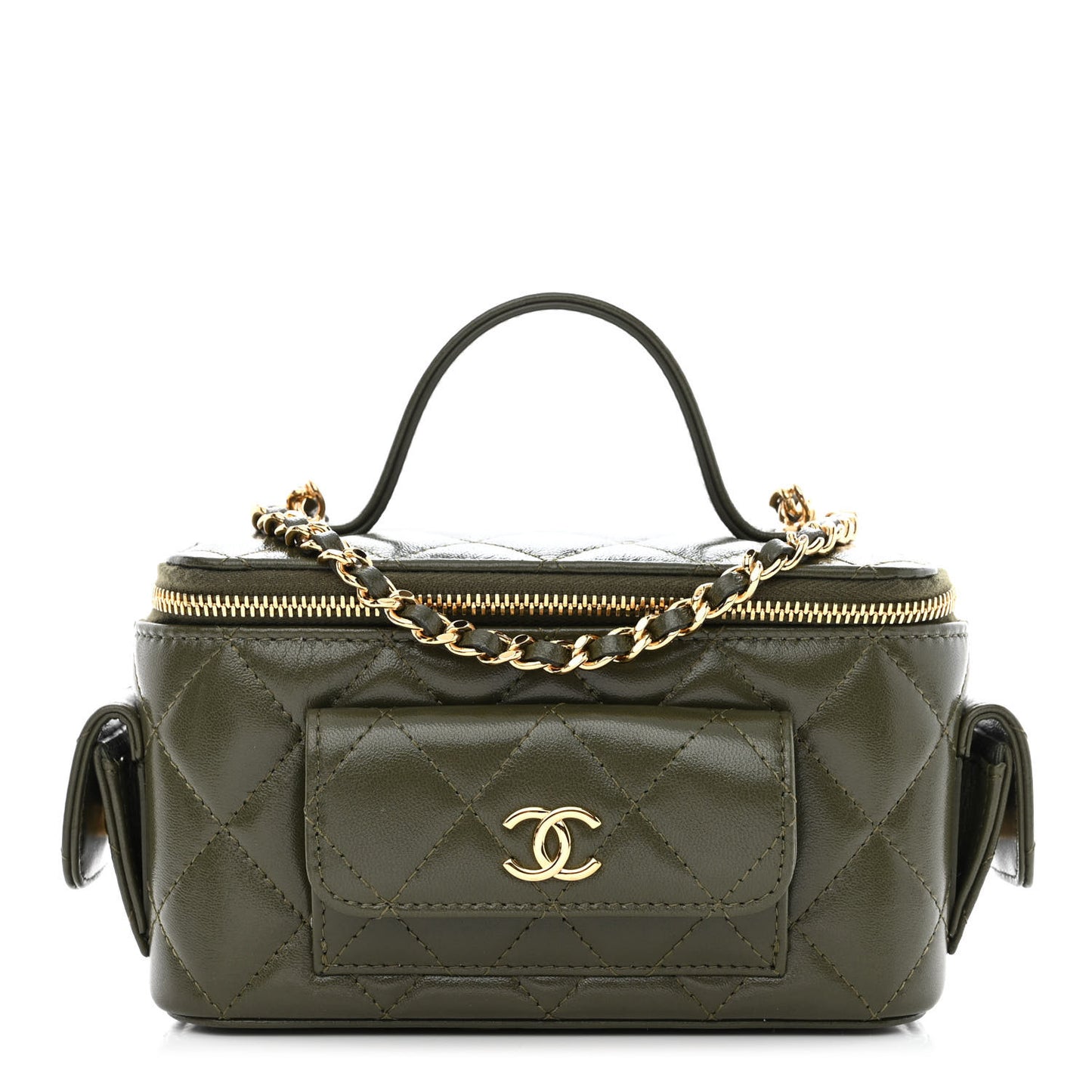 Lambskin Quilted Polly Pocket East West Top Vanity With Chain Khaki